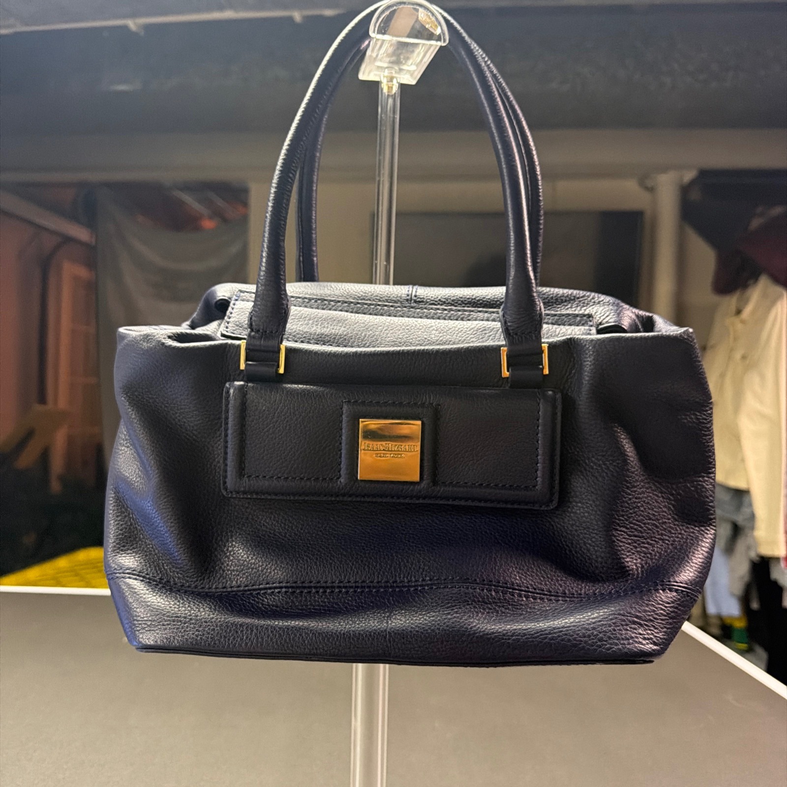 Isaac Mizrahi New York Blue Pebbled Leather Satchel Tote Handbag Gold